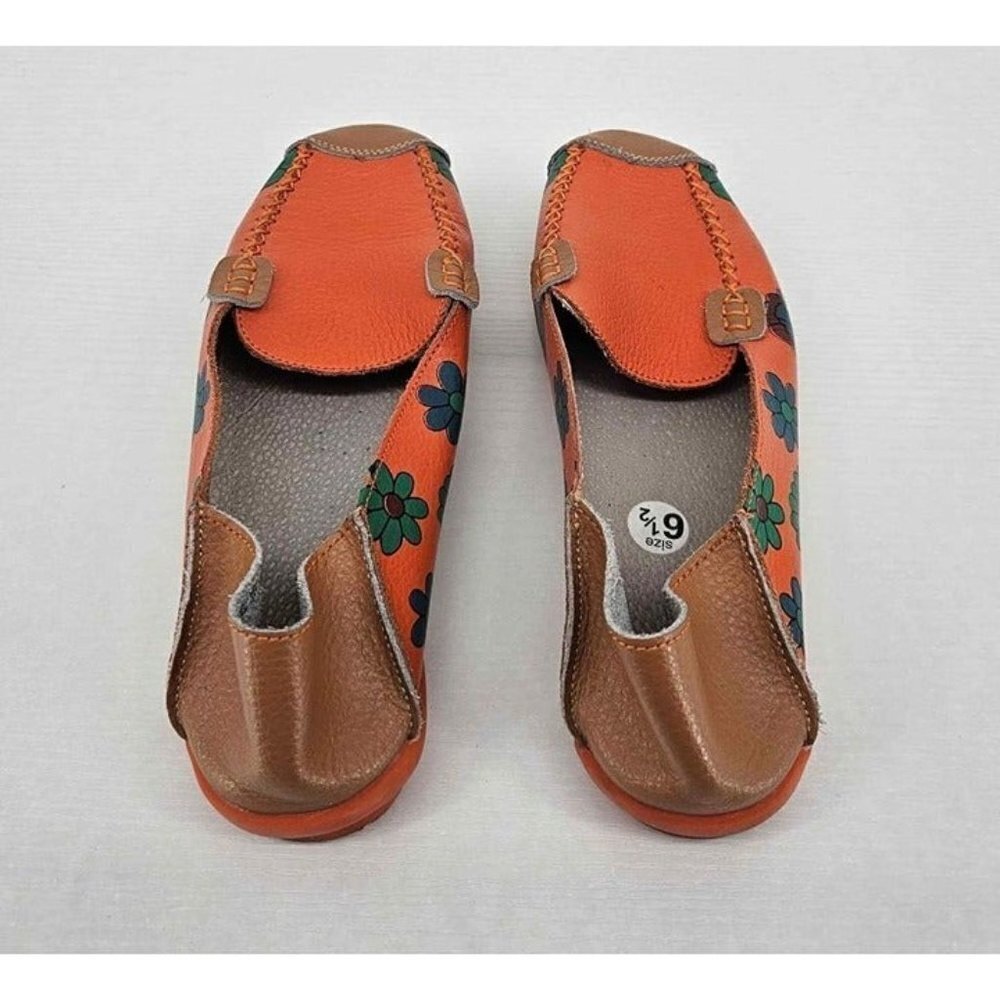 Womens Leather Orange Floral Flats Slip-on Comfort Loafer Moccasin Like Shoe - Picture 4 of 6